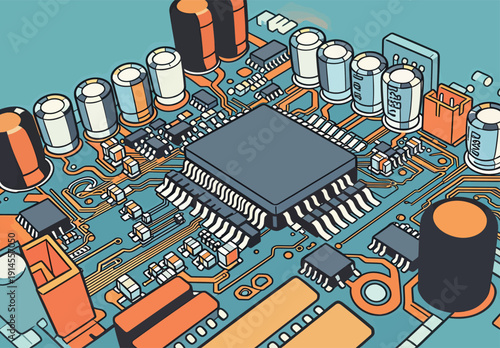 The image shows a detailed view of a circuit board with various components, showing wires and connections on the surface.
