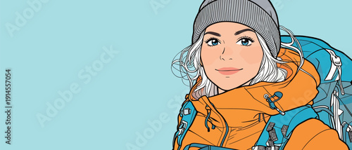 A young woman stands with a backpack, wearing an orange jacket and a gray hat. She smiles, enjoying the outdoor environment.