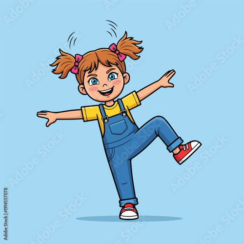 cartoon girl in overalls dancing on blue background with pigtails