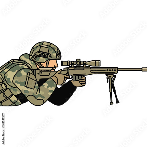 Soldier in camouflage gear aiming a large rifle with scope