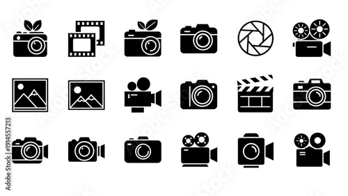 Grid of black camera icons and film photography symbols for graphic resources.