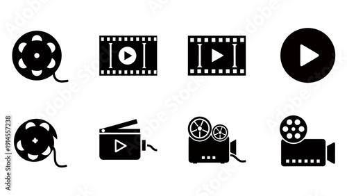 Collection of film and video icons featuring reels, frames, and play buttons in silhouette.