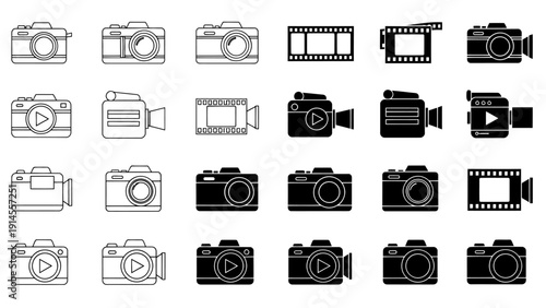 Collection of monochrome camera icons in various styles for graphic design.