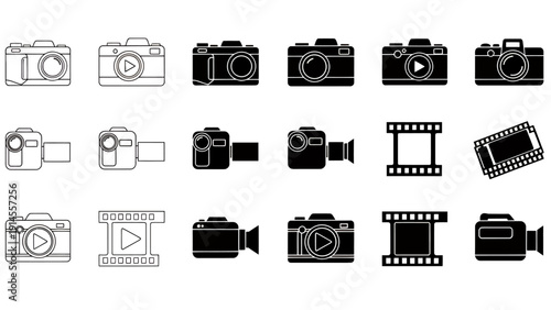 Collection of monochrome camera icons and film elements for design.