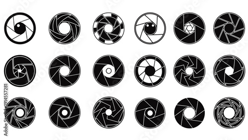 Collection of black circular aperture icons arranged in a precise grid for graphic design.