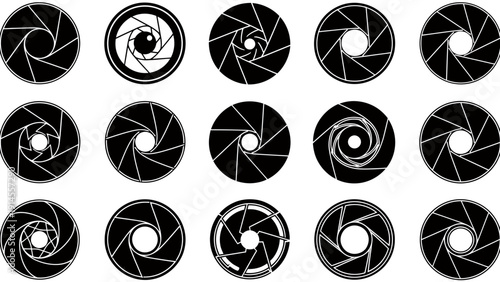 Set of black circular camera aperture icons arranged in pattern.
