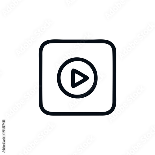 A black and white icon of a play button within a square on a plain background.