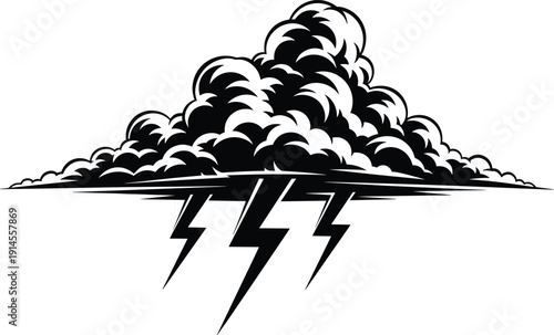 Black thunderstorm cloud illustration with lightning bolts, dramatic storm silhouette isolated on white background, representing severe weather, power energy, danger, electricity, and 