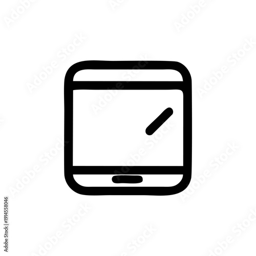 Black line icon of a smartphone with a stylus on a white background in a simple graphic design.