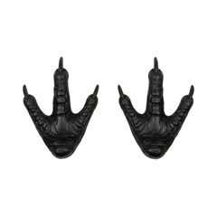 two symmetrical obsidian-black dinosaur footprints, matte texture and sharp contours, photographed top-down on a brilliant white background, emphasizing high-contrast scientific specimen