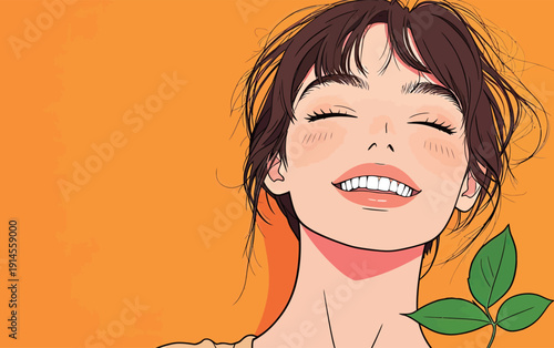 A woman smiles widely while holding green leaves on a bright orange background. The scene captures joy and warmth in a simple illustration.