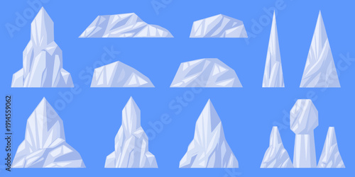 Stylized white mountain peaks against a vibrant blue background