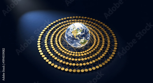 An artistic representation of Earth encircled by interconnected elements, a symbol of global connections and digital networks.