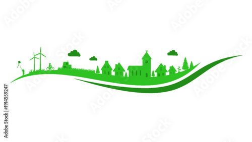 An eco landscape illustration featuring wind turbines and city skyline representing renewable energy and sustainability.