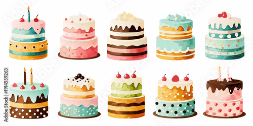 A collection of watercolor paintings depicting various tiered celebration cakes