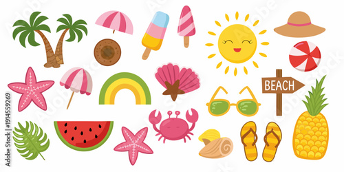 Colorful summer icons including beach items fruit and a smiling sun