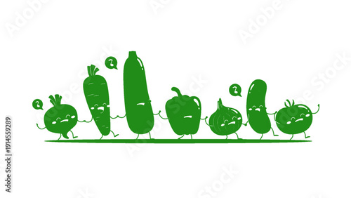 A green illustration of organic fruits and vegetables symbolizing healthy food and natural agriculture.