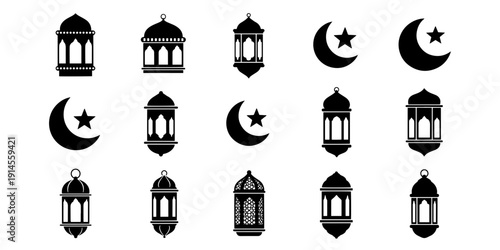 A Minimalist set of Traditional Silhouette Icons featuring Islamic lanterns and crescent moons Perfect vector elements for Ramadan and Eid celebrations isolated on Transparent Background