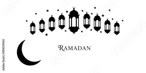 A Peaceful and Celebratory Minimalist Graphic Design Silhouette for Ramadan Kareem Illustration with Crescent Moon and Fanoos Lanterns isolated on Transparent Background