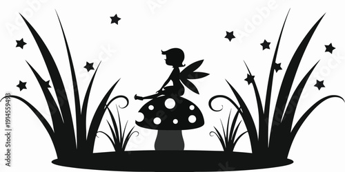 A whimsical silhouette of a fairy resting on a mushroom amidst tall grass