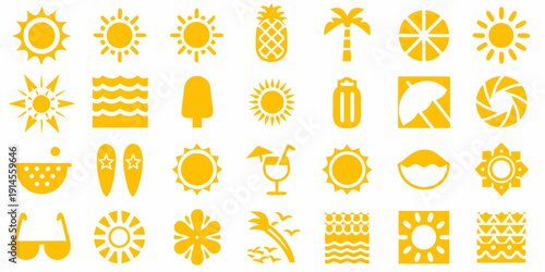 Bright yellow summer icons depicting sun beach and tropical elements