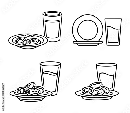 Iftar food icons with dates and water glass for Ramadan fasting schedules and healthy eating blogs