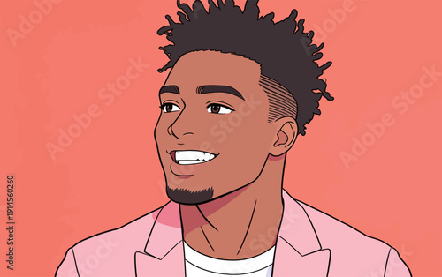 A young man with short, curly hair is smiling while wearing a light pink jacket. The background is a solid color that contrasts with his outfit.