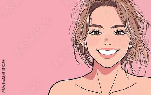 A woman with light brown hair smiles widely. Her hair is slightly tousled and the background is pink.