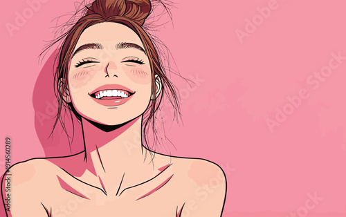 A woman smiles widely with her hair in a bun against a pink background, showing happiness in her expression and pose.