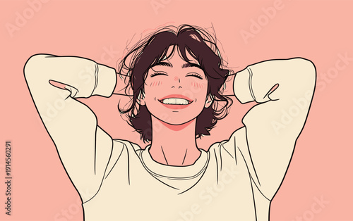 A young person smiles widely with hands behind their head, enjoying a light moment against a pink background.