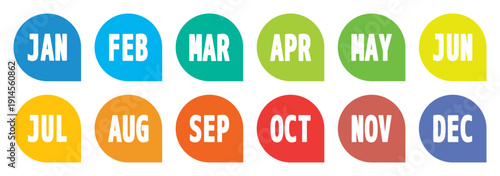 colorful twelve bullet points, from january to december 12 months solid speech balloon markers, vector infographics elements