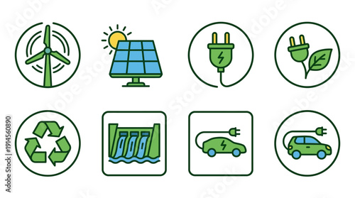 Green Energy Icons d flat vector isolated white background