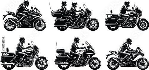 Motorcycle rider silhouettes collection isolated on white background, sport and touring bikes illustration representing speed, transportation, road travel, motorbike culture and racing 