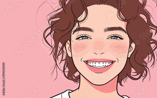 A person with curly hair smiles widely in front of a soft pink background. Light fills the scene, enhancing the cheerful mood.