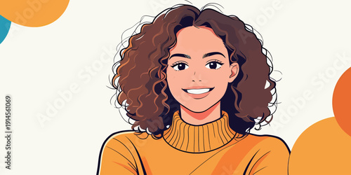 A person with curly hair smiles while wearing a yellow sweater. Colorful shapes surround them in a simple design.
