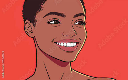 A woman with short hair smiles widely against a bright orange background. The artwork captures her joyful expression clearly.