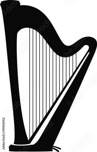 Black harp silhouette vector illustration, musical instrument design for advertising, logos, and creative projects, minimalist art style, elegant stringed instrument