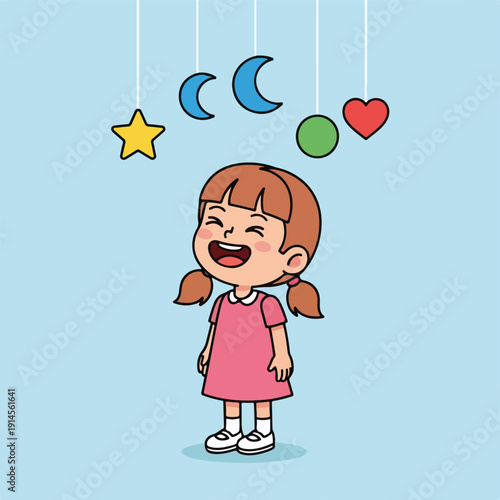 Happy little girl looking up at colorful celestial objects