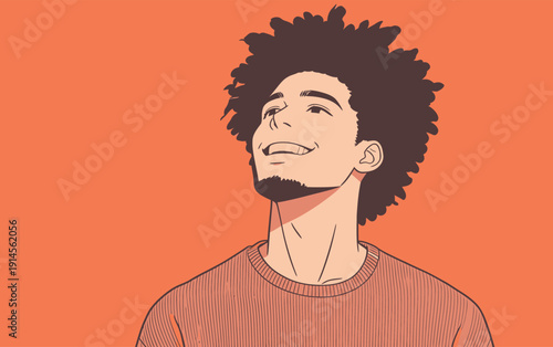 A man looks up and smiles while standing in front of an orange background. His curly hair adds to the joyful expression on his face.
