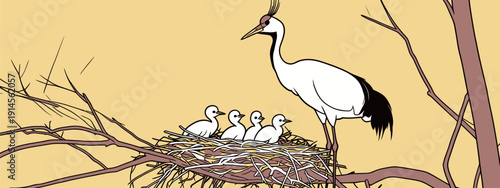 A mother bird stands in a nest with four chicks on a tree branch. The scene shows a clear sky and bright colors.