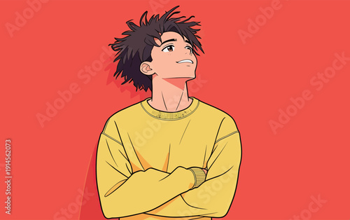 A young man looks upwards with a confident smile while wearing a yellow sweatshirt against a red backdrop.