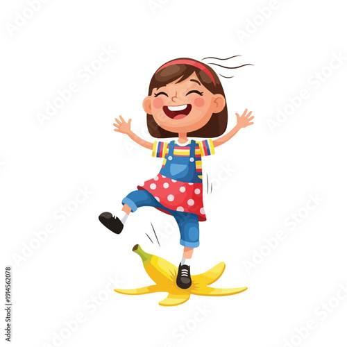 Happy little girl slipping on a banana peel on white background