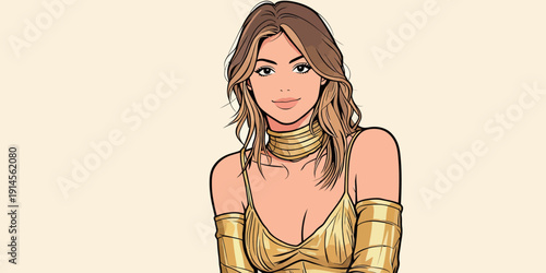 A woman wearing a shiny gold outfit sits with her long hair down in front of a plain background in natural light.