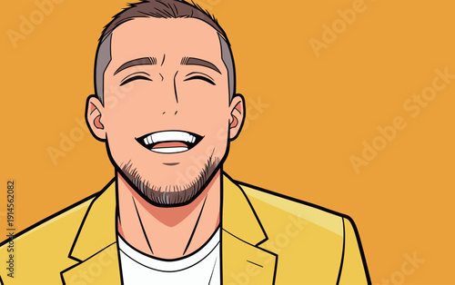 A man wearing a yellow jacket smiles widely with a bright orange background. He seems happy and relaxed in this cheerful moment.