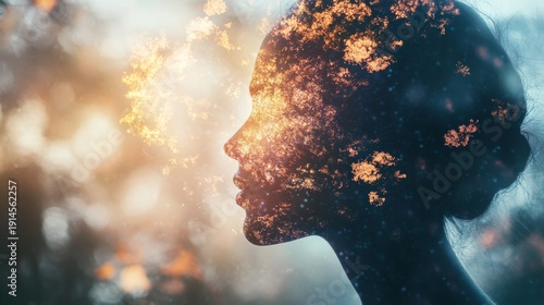 Woman's profile silhouette merges with fiery, nature-inspired abstract art