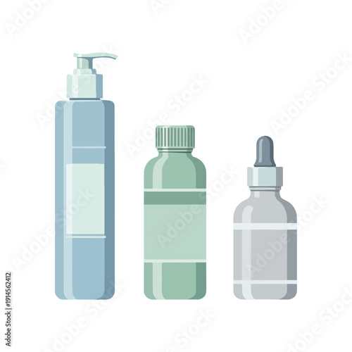 Three bottles of liquid products for skincare and beauty routine