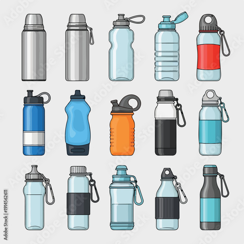 Collection of various water bottles in different colors and designs