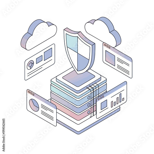 Isometric illustration of data security and protection concept with shield and cloud storage.