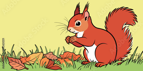 A squirrel is in a grassy area holding leaves while surrounded by fallen leaves against a yellow backdrop.