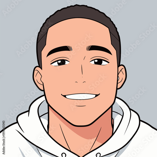 A young man with short hair and a smile wears a white hoodie. The background is grey and simple. He looks friendly and cheerful.